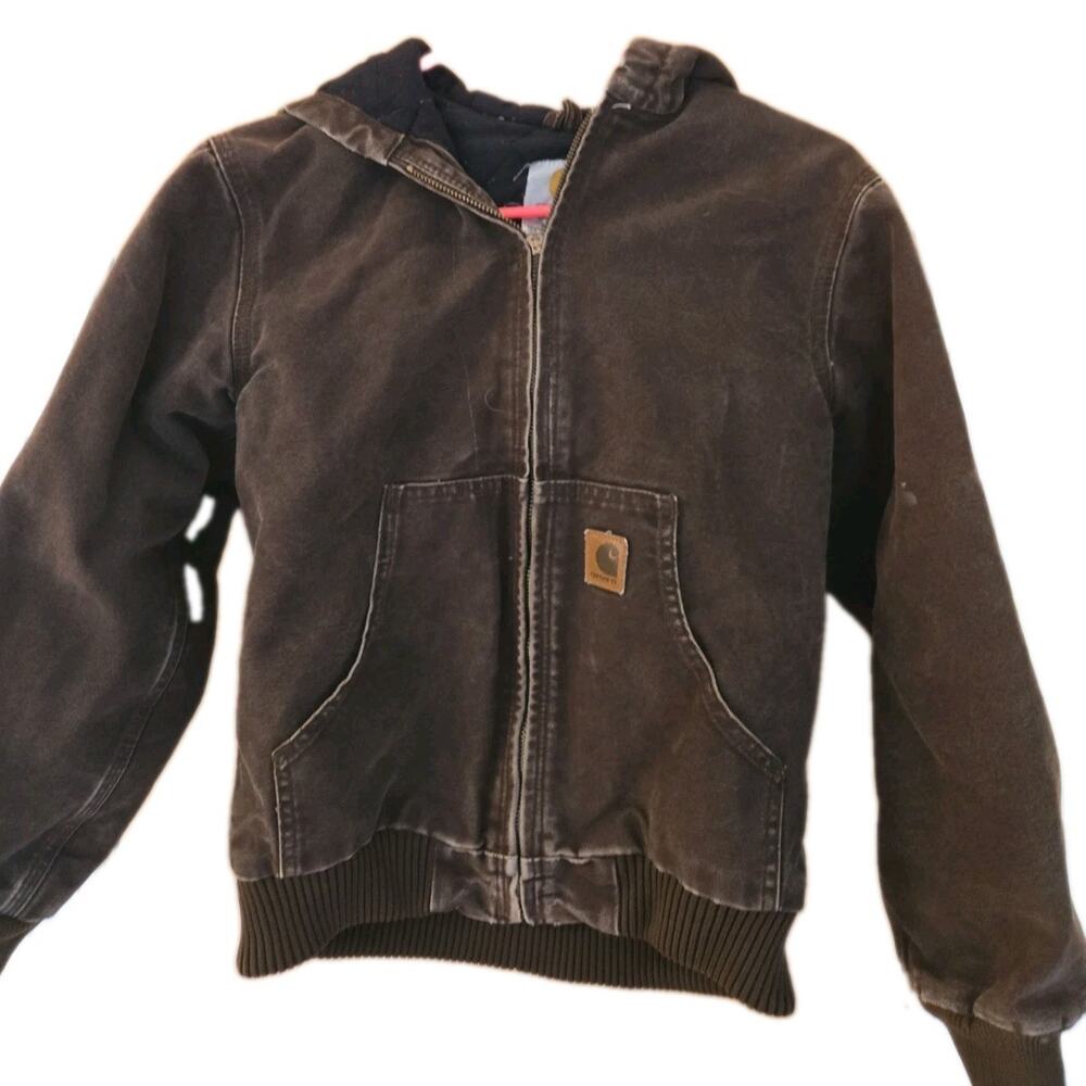 Carhartt Brown Canvas Hoodie Full Zip Jacket Boys L 10/12 Pockets Quilted *Read